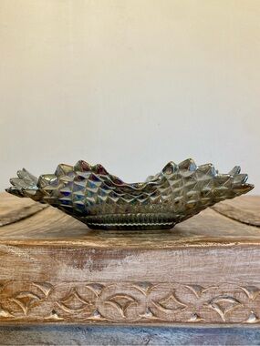 Damaged! Vintage Smoky Grey Iridescent Candy Dish Bowl